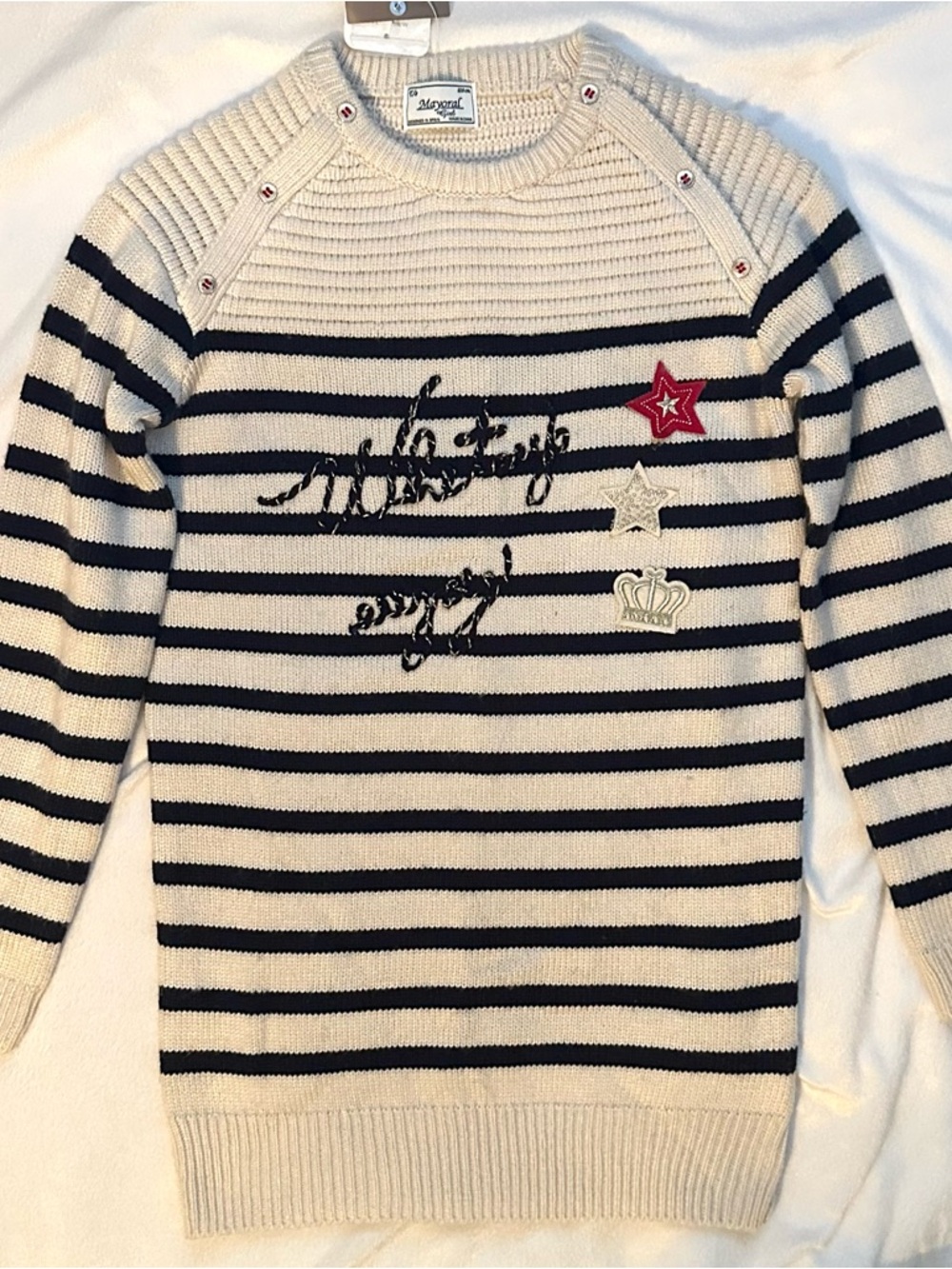 Mayoral Long Knit Stripe Sweater Girls 8 Writing Stars Buttons Cream & Black NEW